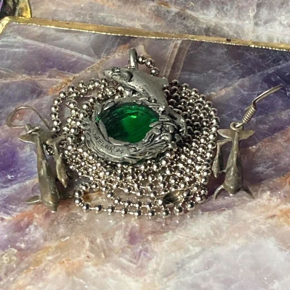 Artesian Silver dolphin earrings and pendant set with green glass